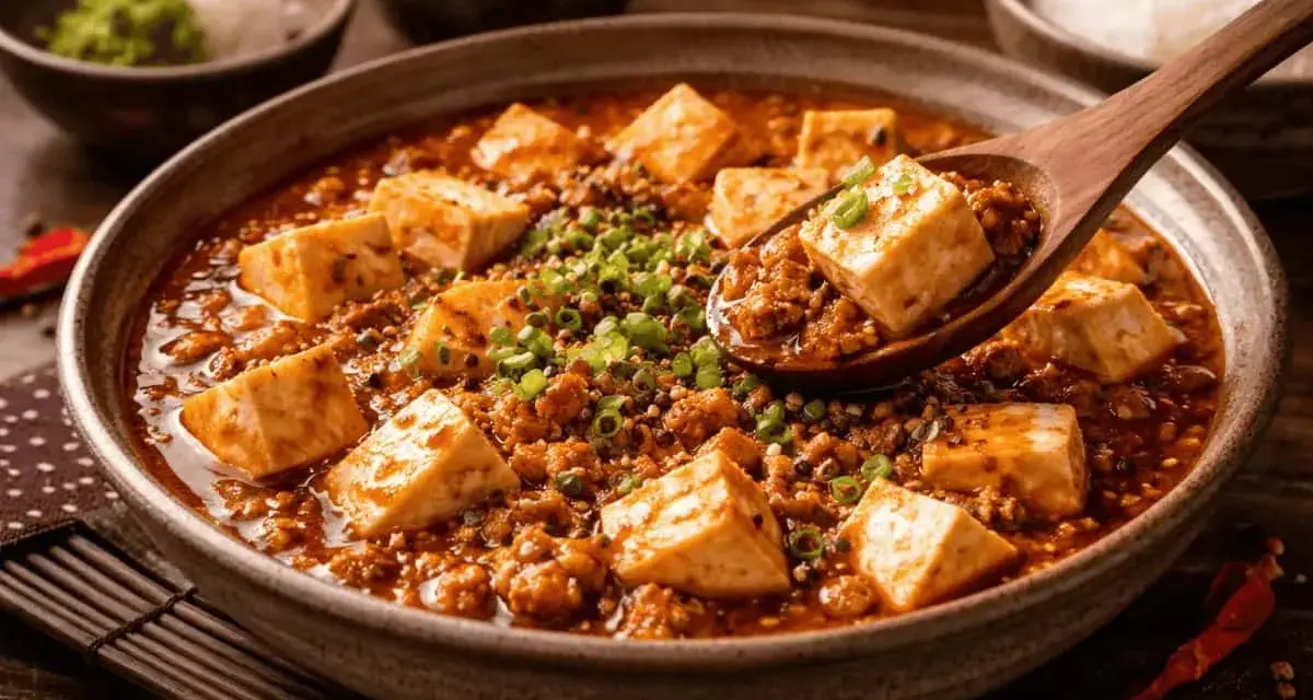 En sked lyfter upp en bit mapo tofu från en skål med kryddig gryta, toppad med salladslök.