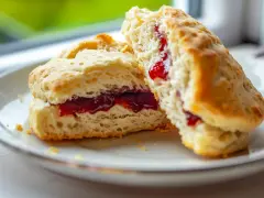 Två fluffiga glutenfria scones med sylt på en vit tallrik. Perfekt för fikat!