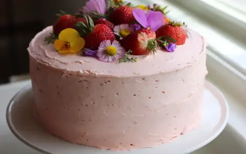 Enkel tårta med rosa frosting, toppad med färska jordgubbar och vilda blommor. En vacker och somrig skapelse.