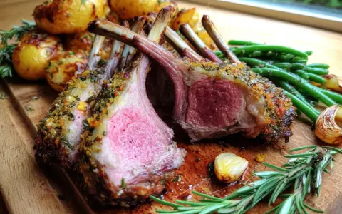 Saftig lammracks med örtpanering, serverad med rostade potatisar och gröna bönor. Ett perfekt lammracks recept för en festmåltid.