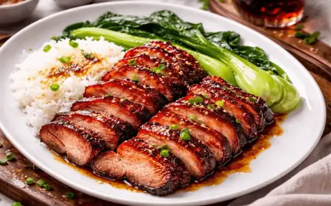 Skivat, glaserat fläsk med ris och pak choi, doftande av fem kryddor.