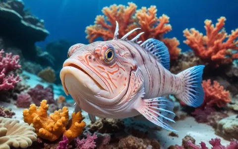 En närbild på en randig fisk med stora ögon simmar bland färgglada koraller. Kanske inspiration för ett gott havskatt recept?