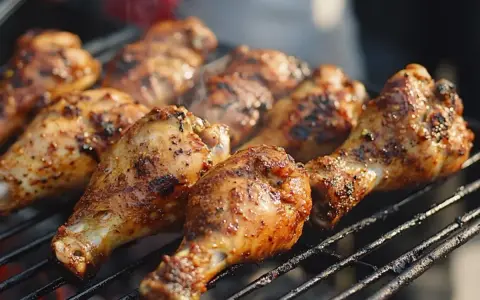 Grillade kycklingklubbor med kryddig jerk chicken-marinad som ryker över glöden.