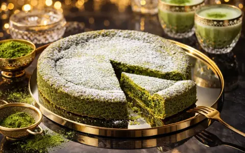 En saftig vit kladdkaka med matcha, pudrad med florsocker. Serveras med matcha latte och gyllene detaljer.