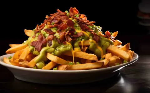 En hög med pommes frites toppad med krämig avokadosås, ost och knaprigt bacon. Dessa "dirty fries" ser otroligt goda ut!