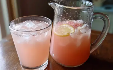 Ett glas och en karaff fyllda med rosa rabarbersaft med is och citronskivor. Perfekt för ett rabarbersaft recept.