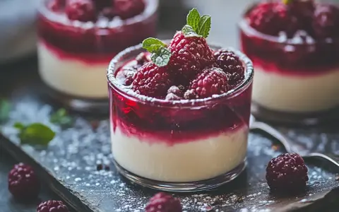 Tre glas med krämig panna cotta toppad med hallon och mynta, pudrad med florsocker.