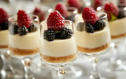 Flera glas med cheesecake i glas, toppade med hallon och björnbär. En läcker dessert för alla tillfällen.
