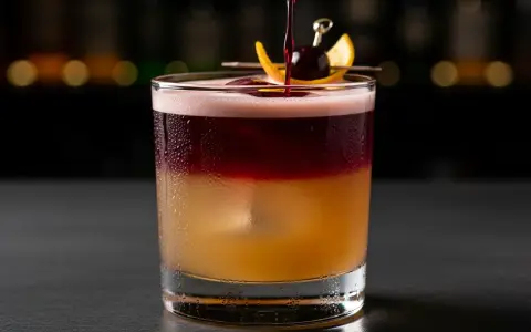 En vackert lagerdelad New York Sour med en körsbärs- och apelsinskalgarnering.