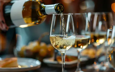 Vitt vin hälls upp i ett glas, perfekt för matlagning eller en festlig middag.