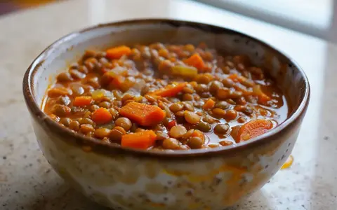 En skål med mustig linsgryta med morötter, perfekt för ett enkelt linsgryta recept.