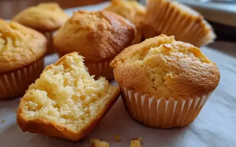 Nybakade, gyllene glutenfria muffins ligger uppradade. En är uppbruten och visar en fluffig insida. Perfekt för fikat!