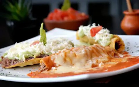 Enchiladas och en tostad med ost, guacamole och kött. En härlig tallrik med mexikansk mat som ser utsökt ut.