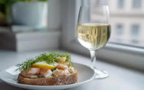 En smörgås med räkor och dill, perfekt med ett glas vitt vin till skaldjur.