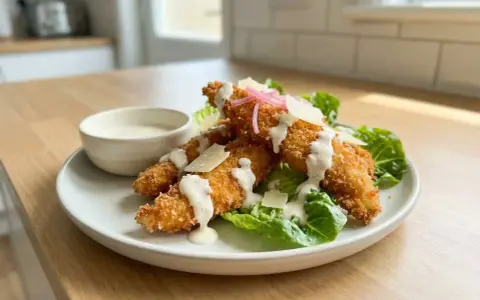 Krispiga bitar av panerad kyckling serveras med sallad, parmesan och en krämig dressing. En härlig rätt som passar perfekt till lunch eller middag.