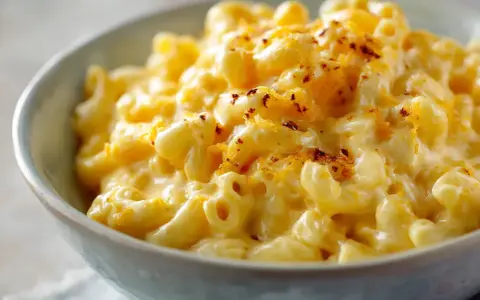 En skål med krämig mac and cheese, toppad med riven ost och lite kryddor. Perfekt comfort food!