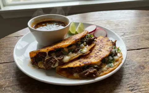 Ångande birria tacos med smält ost, lök och koriander. Serveras med en skål consommé, limeklyftor och rädisor.