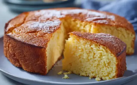 En saftig glutenfri sockerkaka, pudrad med florsocker, ligger på en grå tallrik. En bit är uppskuren.