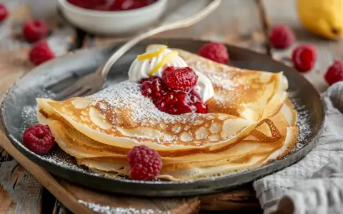 En hög med tunna pannkakor, pudrade med florsocker, toppade med vispgrädde, hallonsylt och färska hallon. Ett perfekt crepes recept för en mysig fika.