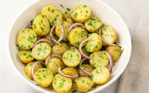 En skål med fransk potatissallad, full av små, kokta potatisar, rödlök och färsk persilja. En klassiker som passar till det mesta.