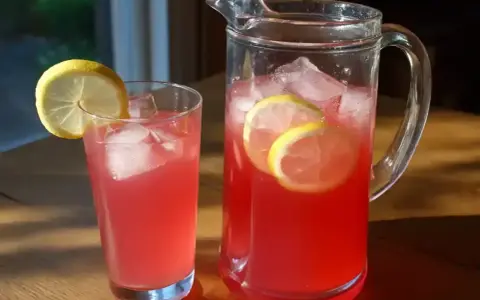 En karaff och ett glas med rosa lemonad, is och citronskivor. Perfekt för ett enkelt lemonad recept.
