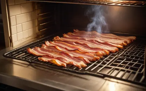Rader av saftigt bacon ligger på ett galler i ugnen, och en tunn strimma rök stiger upp.