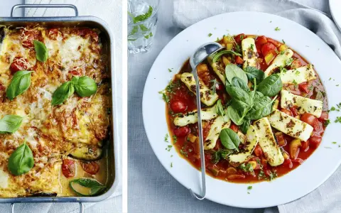 En gratinerad auberginegratäng i form och en tallrik med grillad halloumi i tomatsås. Två härliga vegetariska recept.