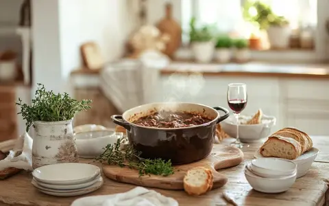En ångande gryta med kött och grönsaker, redo att serveras med bröd och vin. Ett perfekt gryta recept för en mysig middag.
