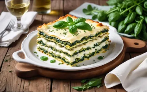 En saftig lasagne med spenat och ost, perfekt att servera med ett glas vitt vin till lasagne.