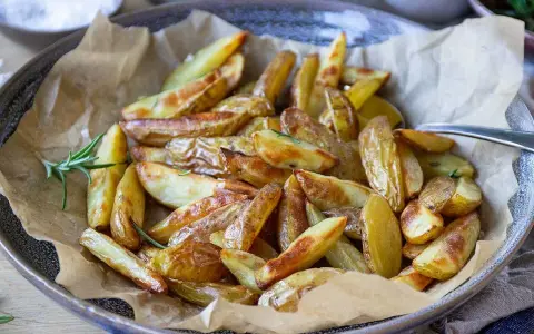 Klyftpotatis i airfryer, gyllene och krispiga, serverade med rosmarin. Perfekt tillbehör!
