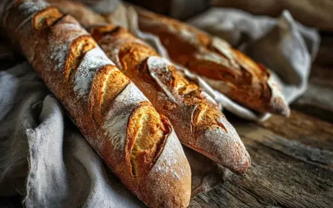 Tre gyllene baguetter på en linneduk, redo för ett gott baguette recept.