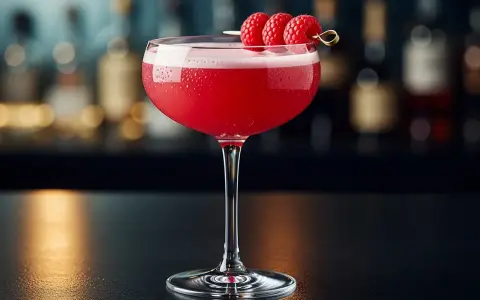 En rosa drink, en Clover Club, med hallon på en cocktailpinne.