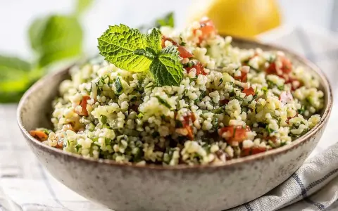 En skål med färgglad tabbouleh, en sallad där man kan koka bulgur med tomat, persilja och mynta.