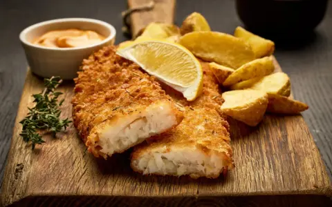Krispigt panerad fisk med klyftpotatis och en citronskiva. Ett perfekt fisk recept för en god middag.