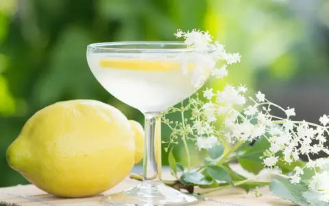 En st Germain spritz med citron och fläderblommor, perfekt för en solig sommardag.