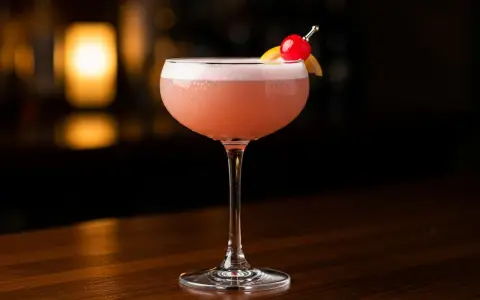 En rosa drink, en Pink Lady, med skum och garnering av körsbär och citronklyfta, står på en träyta.