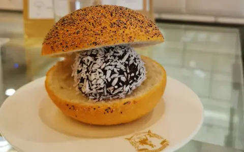 En bulle med bulle: en chokladboll med kokosflingor inuti en delad bulle med vallmofrön.