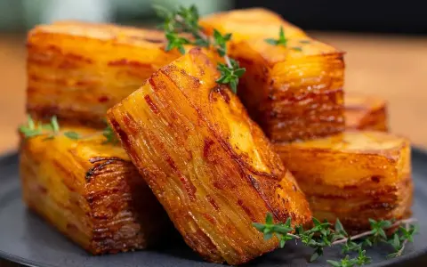 Krispig potatiskaka i ugn, skuren i eleganta bitar och garnerad med färsk timjan. En läcker rätt som passar till det mesta.