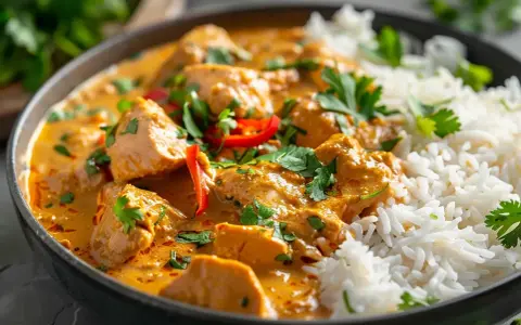 En skål med krämig kyckling curry med ris, toppad med färsk koriander och chili. En härlig måltid som värmer själen.
