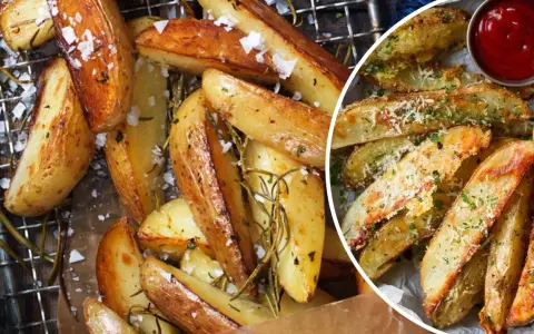 Krispiga klyftpotatis i ugn, strösslade med flingsalt och rosmarin. En del är toppade med parmesan och persilja, redo att doppas i ketchup eller dipp.