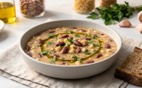 En skål med värmande pasta e fagioli, garnerad med olivolja och persilja, bredvid en skiva rustikt bröd.