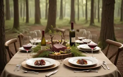 Ett elegant uppdukat bord i skogen med rött vin till oxkind, glas, tallrikar och en vacker köttbit som huvudrätt.