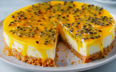 En krämig passionsfrukt cheesecake med en krispig botten och en glansig topping full av passionsfruktfrön.