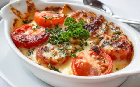 Gratinerade tomater med ost och örter, perfekt tillbehör till ett falukorv recept.