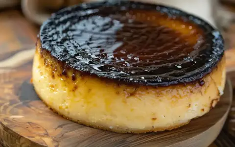 En krämig baskisk cheesecake med en mörk, karamelliserad yta, serverad på en träskärbräda.