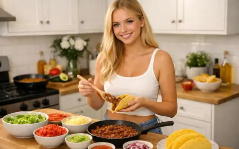 Glad kvinna förbereder tacos med ett enkelt tacos recept. Skålar med sallad, tomat, ost och lök står uppdukade.