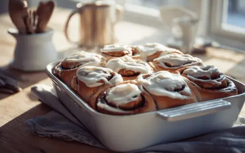Färska kanelbullar med glasyr i en form, redo att avnjutas. Kanske bakade av Camilla Hamid?
