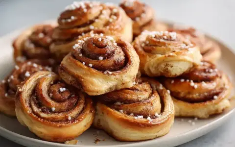 En hög med gyllene, nybakade glutenfria kanelbullar, toppade med pärlsocker. Perfekt för fikat!
