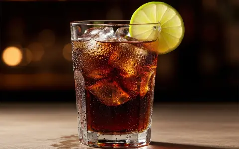 Ett glas med is och en limeklyfta, fyllt med en mörk dryck som påminner om en cuba libre.