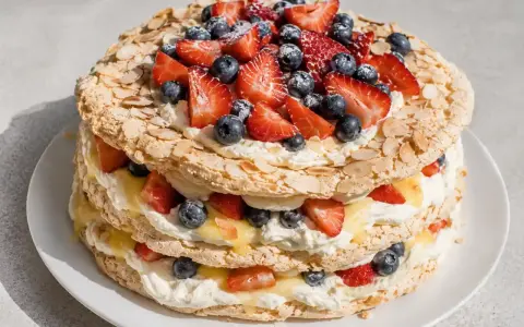 En flerskiktad marängtårta med grädde, bär och mandel. Perfekt som inspiration för ditt nästa tårtbotten recept.